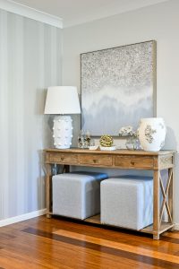 Khroma The Classics Collection Gentile Snow Wall Coverings with Artwork Console Table Hamptons Style White Lamp Textured Vase Accessories and two footstools