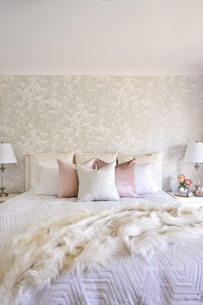 Romo Floris Miami Mica Wall Covering with Velvet Cushions Custom Made by MotzDesigns Faux Fur Brushed Tips Throw Private Collection Bree Silver Quilt Cover Accessories from Bed Bath & Table