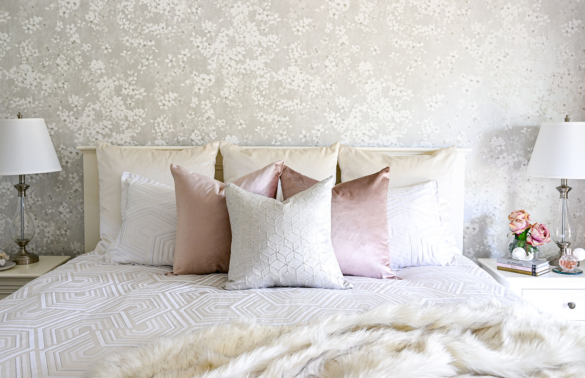 Master Bedroom with luxury wall coverings and tactile soft furnishings